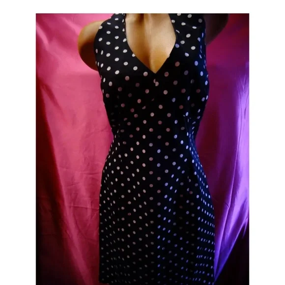 Jones New York halter dress navy blue white polka dot wiggle pinup tie cotton 14 - Picture 8 of 8